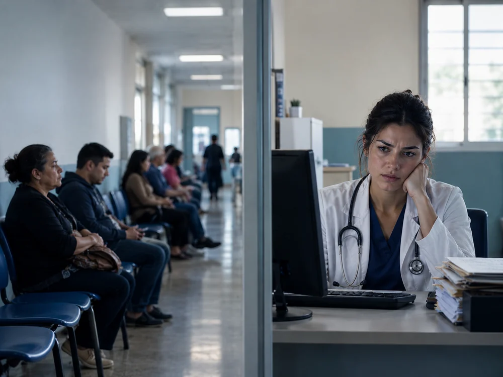 Corredor de UBS lotado de pacientes esperando, médica preocupada em sala de atendimento ao lado