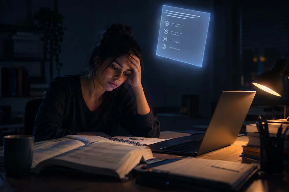 Médica estudando à noite, prova holográfica flutuando acima da cabeça, carimbo de reprovado