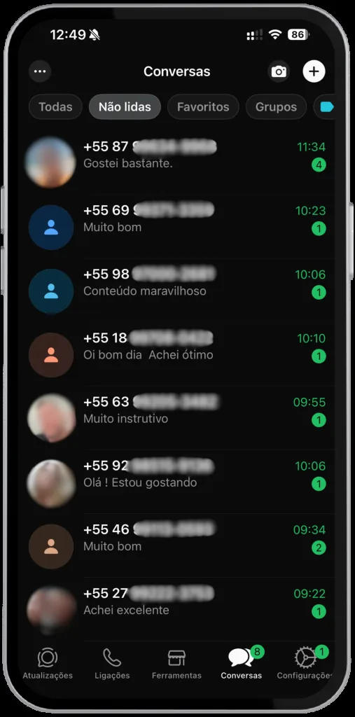 Print de conversas no WhatsApp com elogios de usuários do GPMED
